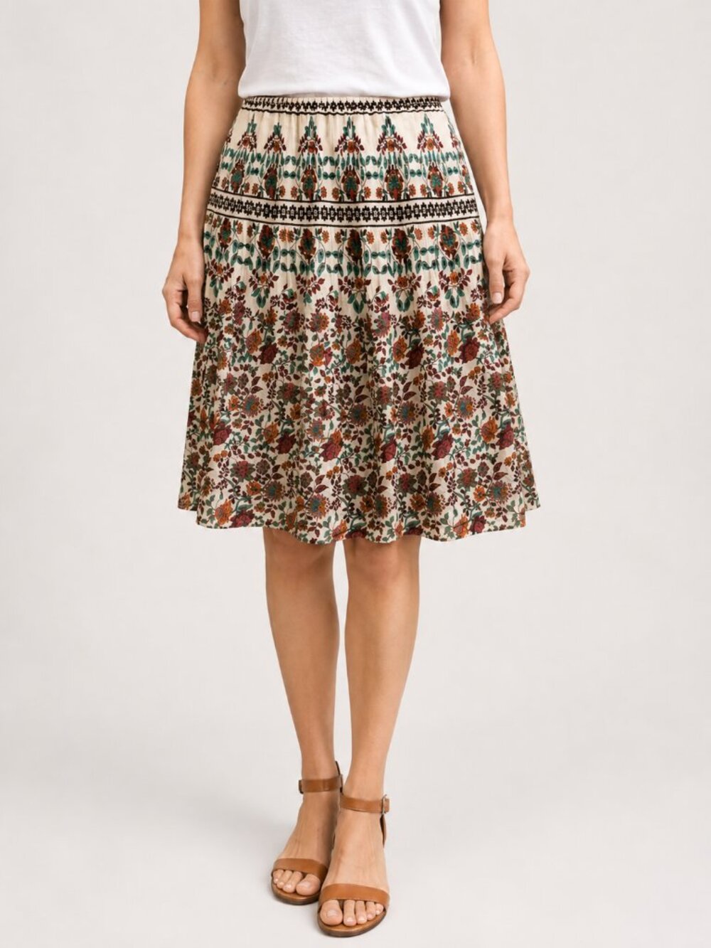 NWT Max Studio Floral Boho A Line Ivory Blue Rust Elastic Waist Fall Skirt S